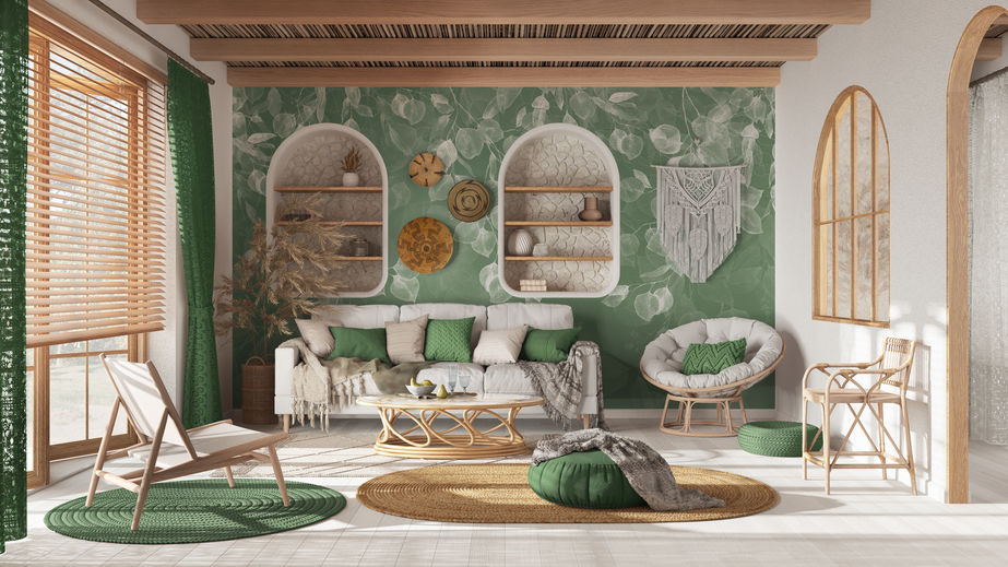 Boho style interior design living room with green color scheme 